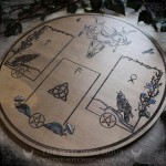 Divination board with deer skull, ravens, and mushrooms, inspired by the forest and Cernunnos