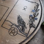 Divination board with deer skull, ravens, and mushrooms, inspired by the forest and Cernunnos