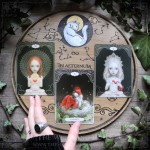 Divination board with white cat in a starry sky for tarot and oracle cards, witchy tool