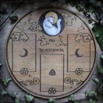 Divination board with white cat in a starry sky for tarot and oracle cards, witchy tool