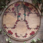 Gothic divination board with red roses and gothic cathedral, handmade in wood