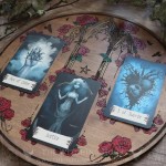 Gothic divination board with red roses and gothic cathedral, handmade in wood