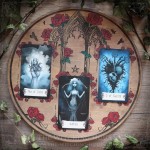 Gothic divination board with red roses and gothic cathedral, handmade in wood