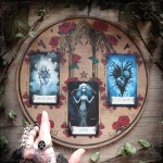 Gothic divination board with red roses and gothic cathedral, handmade in wood