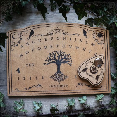Wooden Ouija board decorated with a tree of life and crows, handcrafted, Gothic decoration, cabinet of curiosities