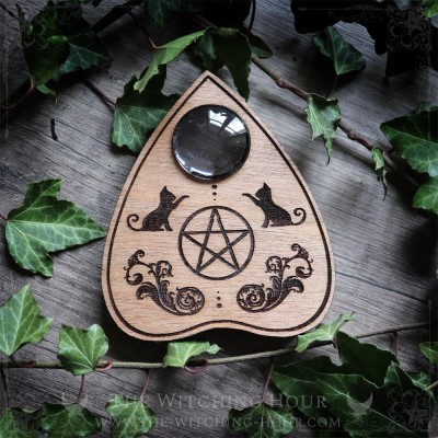 Wooden uija planchette with cats and a pentagram, gothic home decor, cabinet of curiosities, spiritualism