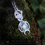 Infinity necklace with prehnite and oak leaves. Handmade jewelry with elven style, whimsigoth