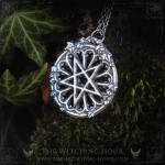 Gothic inverted pentagram necklace in a cathedral rose window, handmade satanic jewelry