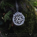 Gothic inverted pentagram necklace in a cathedral rose window, handmade satanic jewelry