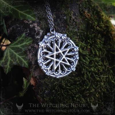 Gothic pentagram necklace in a cathedral rose window, handmade vampire goth jewelry