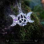 Triple moon and triquetra necklace with amethyst, gothic jewelry