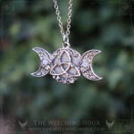 Triple moon and triquetra necklace with rainbow moonstone, gothic jewelry