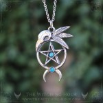 Gothic pentagram necklace with raven skull and moon crescent, adorned with blue apatite