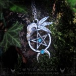 Gothic pentagram necklace with raven skull and moon crescent, adorned with blue apatite