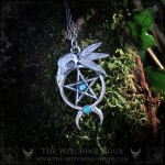 Gothic pentagram necklace with raven skull and moon crescent, adorned with blue apatite