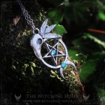 Gothic pentagram necklace with raven skull and moon crescent, adorned with blue apatite