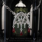 Gothic cathedral necklace with black spinel beads and red crystal drops