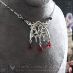 Gothic cathedral necklace with black spinel beads and red crystal drops