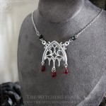 Gothic cathedral necklace with black spinel beads and red crystal drops