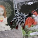 Gothic cathedral necklace with black spinel beads and red crystal drops