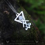 Pendentif sigil de lucifer en étain couleur argent orné d'une pierre de lune, bijou gothique fait main