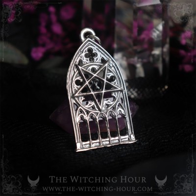 Gothic cathedral necklace with inverted pentagram, handmade occult jewelry inspired by mysticism