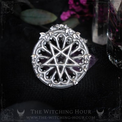 Inverted pentagram necklace in gothic cathedral rose window, handmade mystic jewelry inspired by the occult