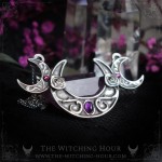 Triple moon necklace with roses and amethyst, triple goddess symbol, handmade mystic jewelry