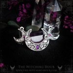 Triple moon necklace with roses and amethyst, triple goddess symbol, handmade mystic jewelry