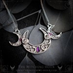 Triple moon necklace with roses and amethyst, triple goddess symbol, handmade mystic jewelry