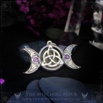 Pendentif triquetra celtique et triple lune orné d'onyx et d'amethyste, bijou witchy fait main