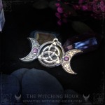 Pendentif triquetra celtique et triple lune orné d'onyx et d'amethyste, bijou witchy fait main
