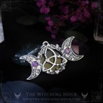 Pendentif triquetra celtique et triple lune en améthyste, bijou fait main de style mystique, witchy et spirituel