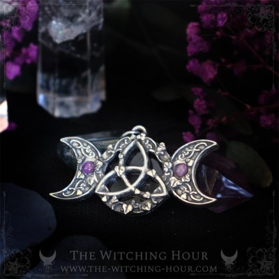 Pendentif triquetra celtique et triple lune en améthyste, bijou fait main de style mystique, witchy et spirituel