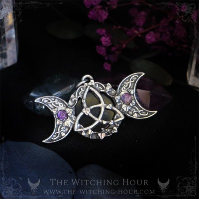 Celtic triquetra pendant with triple moon and amethyst, handmade jewelry for a witchy and mystic style