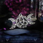 Celtic triquetra pendant with triple moon and amethyst, handmade jewelry for a witchy and mystic style