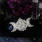 Celtic triquetra pendant with triple moon and rainbow moonstone, handmade jewelry for a witchy and mystic style