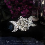 Celtic triquetra pendant with triple moon and rainbow moonstone, handmade jewelry for a witchy and mystic style