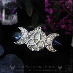 Celtic triquetra pendant with triple moon and rainbow moonstone, handmade jewelry for a witchy and mystic style