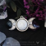 Celtic triquetra pendant with triple moon and rainbow moonstone, handmade jewelry for a witchy and mystic style