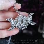Celtic triquetra pendant with triple moon and rainbow moonstone, handmade jewelry for a witchy and mystic style