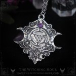 Hecate wheel pendant with triple moon and aethyst, witchy handmade necklace