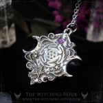 Hecate wheel pendant with triple moon and aethyst, witchy handmade necklace