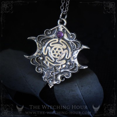 Pendentif roue d'Hecate et triple lune avec améthyste, collier witchy gothique