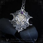 Hecate wheel pendant with triple moon and aethyst, witchy handmade necklace