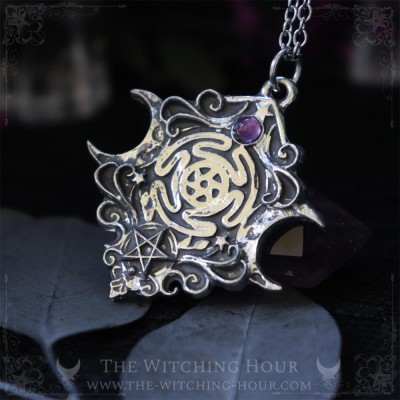 Hecate wheel pendant with triple moon and aethyst, witchy handmade necklace