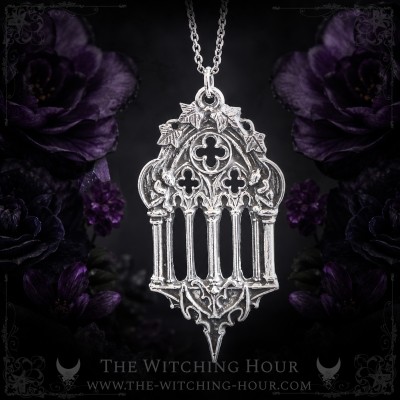 Gothic cathedral necklace surrounded by two gargoyles amd ivy leaves, vampire goth jewelry