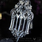 Gothic cathedral necklace surrounded by two gargoyles amd ivy leaves, vampire goth jewelry