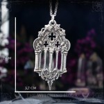 Gothic cathedral necklace surrounded by two gargoyles amd ivy leaves, vampire goth jewelry