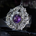 Gothic cathedral necklace with a large amethyst on a pentagram, vampire goth hanmade jewelry